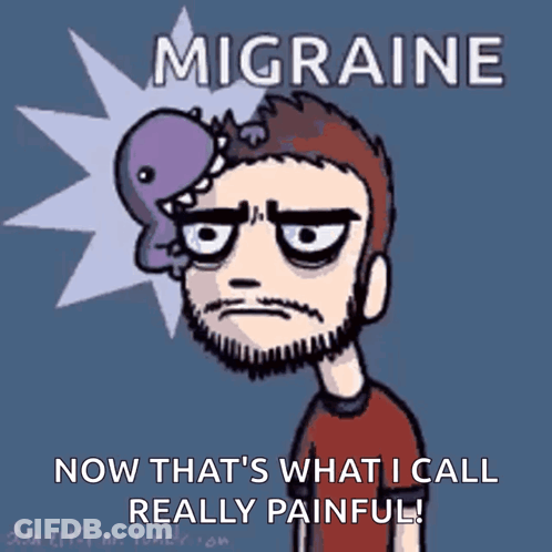 A Cartoon Of A Man With A Dinosaur On His Head With The Words Migraine Now That 'S What I Call Really Painful GIF