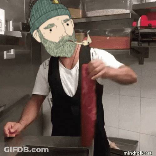 Man With Green Beard And Beanie Cooking GIF