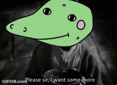 A Cartoon Of A Man With A Green Head And The Words Please Sir I Want Some More GIF