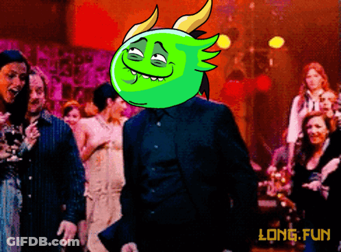 A Cartoon Of A Man With A Green Head With Horns And The Words Long Fun Below It GIF