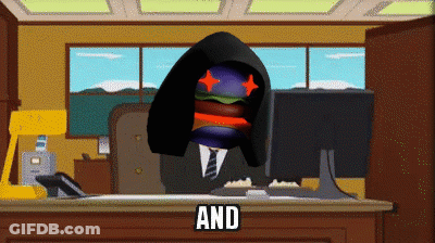 A Cartoon Of A Man With A Hamburger On His Head And The Word And Underneath Him GIF
