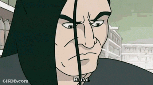 A Cartoon Of A Man With A Hood And The Words Brutal On The Bottom GIF