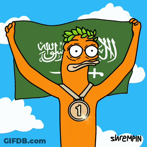 A Cartoon Of A Man With A Medal Around His Neck Holding A Flag With Arabic Writing On It GIF