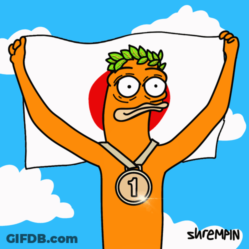 A Cartoon Of A Man With A Medal Around His Neck Holding A Flag GIF