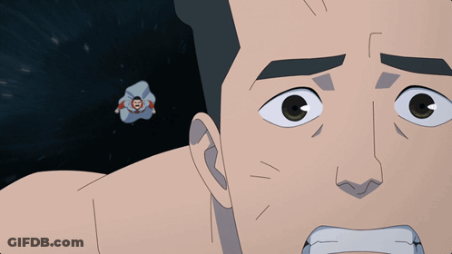 A Cartoon Of A Man With A Mustache And A Superhero In The Background GIF