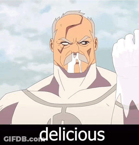 A Cartoon Of A Man With A Mustache And The Word Delicious Underneath Him GIF