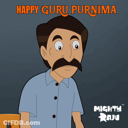 A Cartoon Of A Man With A Mustache And The Words Happy Guru Purnima On The Top GIF