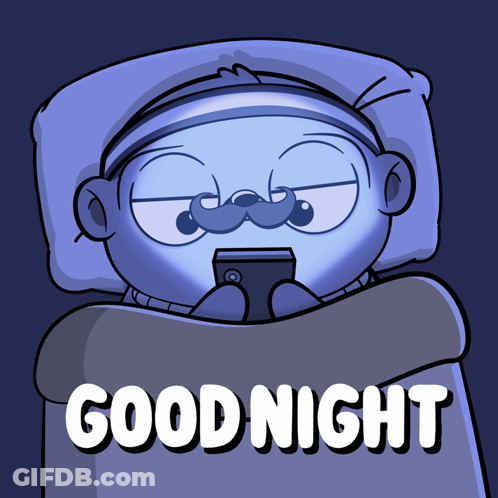 A Cartoon Of A Man With A Mustache Laying In Bed With The Words " Good Night " Below Him GIF