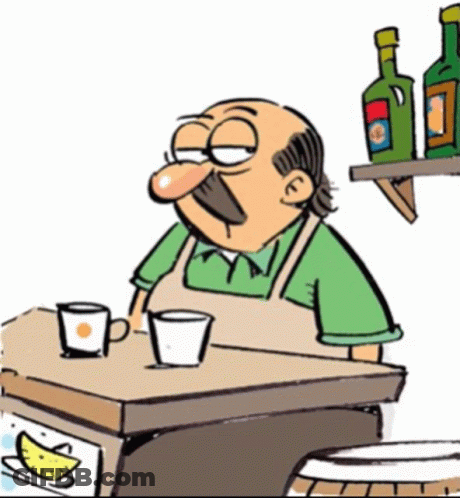 A Cartoon Of A Man With A Mustache Sitting At A Table GIF
