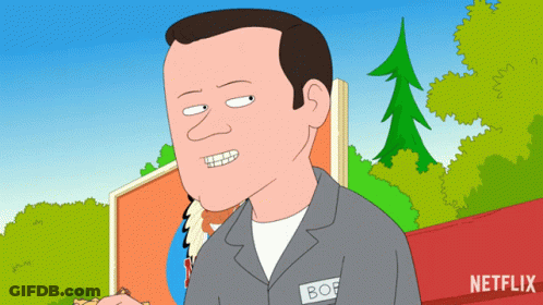 A Cartoon Of A Man With A Name Tag That Says Bof GIF