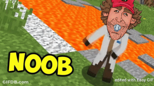 A Cartoon Of A Man With A Pacifier In His Mouth And The Word Noob Below Him GIF