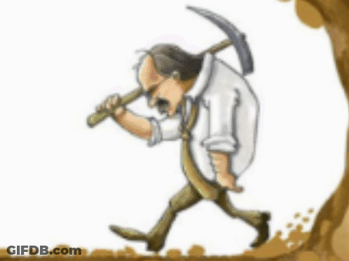 A Cartoon Of A Man With A Pickaxe Walking Through A Hole GIF