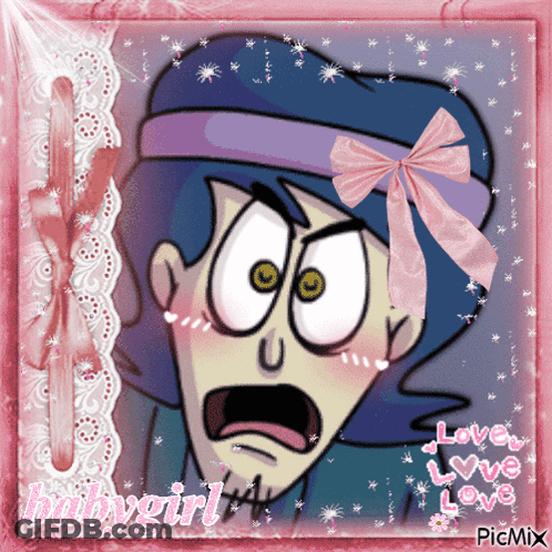 A Cartoon Of A Man With A Pink Bow On His Head And The Words Babygirl GIF