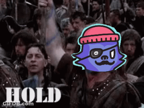 A Cartoon Of A Man With A Pirate Hat And A Mustache Is Surrounded By A Crowd And The Word Hold Is Visible GIF