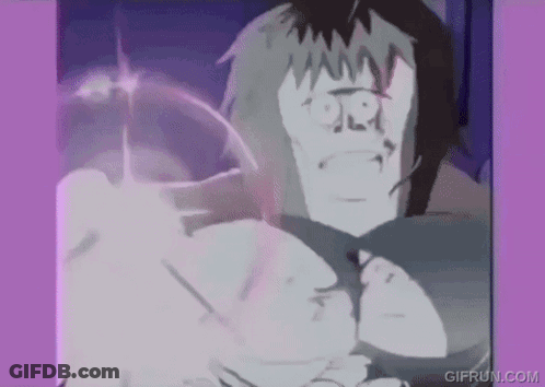 A Cartoon Of A Man With A Purple Background And A Purple Light Coming Out Of His Face . GIF