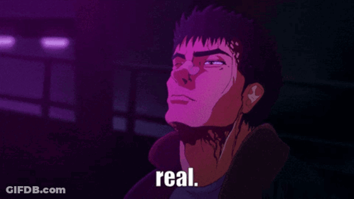 A Cartoon Of A Man With A Purple Background And The Words Real GIF