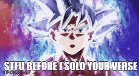 A Cartoon Of A Man With A Purple Background And The Words `` Stfu Before I Solo Your Verse '' GIF
