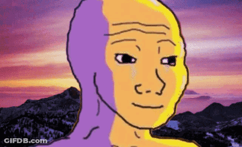 A Cartoon Of A Man With A Purple Head And A Yellow Face GIF