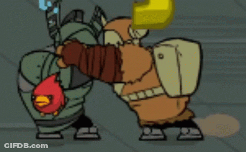 A Cartoon Of A Man With A Red Bird On His Back Standing Next To Another Man GIF