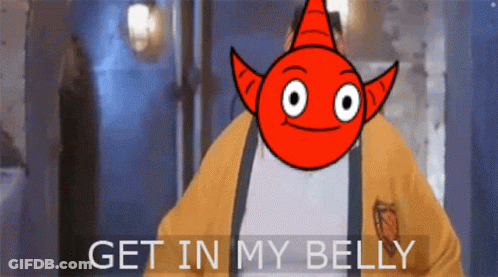 A Cartoon Of A Man With A Red Face And The Words Get In My Belly Above Him GIF