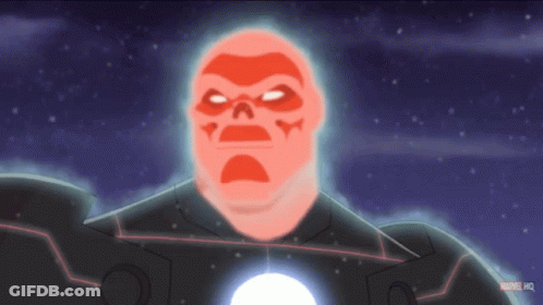 A Cartoon Of A Man With A Red Head And A Marvel Logo GIF