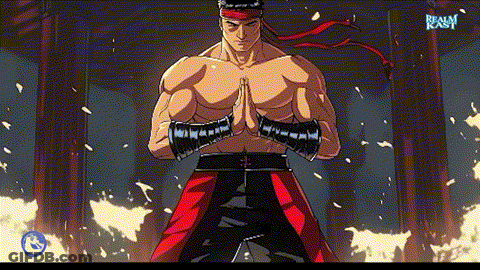 A Cartoon Of A Man With A Red Headband And A Realm Kast Logo On The Bottom GIF