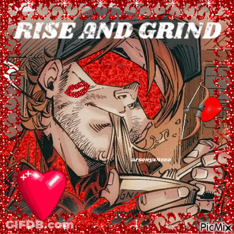 A Cartoon Of A Man With A Red Heart And The Words Rise And Grind On The Bottom GIF