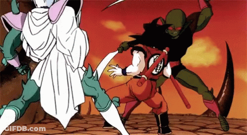A Cartoon Of A Man With A Red Shirt That Says " Goku " GIF