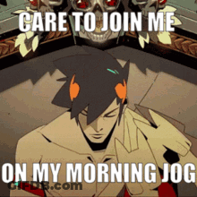 A Cartoon Of A Man With A Skull In The Background Says Care To Join Me On My Morning Jog GIF