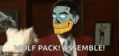 A Cartoon Of A Man With A Skull On His Face And The Words Wolf Pack Assemble Below Him GIF