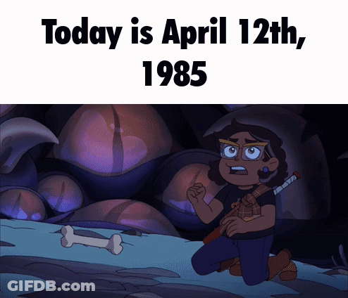A Cartoon Of A Man With A Sword And The Date 1985 GIF