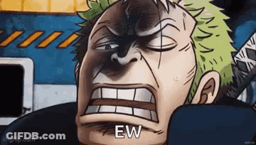 A Cartoon Of A Man With A Sword Making A Funny Face With The Words `` Ew '' Written On It . GIF