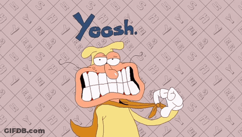 A Cartoon Of A Man With A Tie And The Word Yeosh On The Bottom GIF