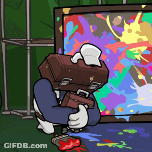A Cartoon Of A Man With A Toolbox On His Head Looking At A Colorful Painting GIF