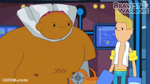 A Cartoon Of A Man With A Towel Around His Neck And The Words Bravest Warriors Behind Him GIF