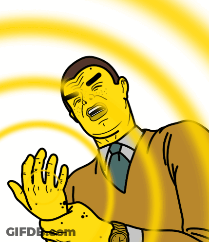 A Cartoon Of A Man With A Watch On His Wrist And A Yellow Circle Around His Face GIF