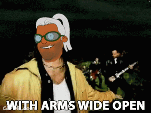 A Cartoon Of A Man With Arms Wide Open Standing In Front Of A Band GIF