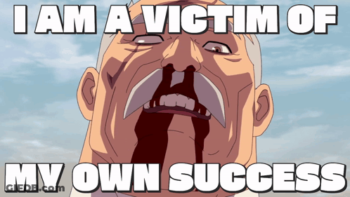 A Cartoon Of A Man With Blood Coming Out Of His Mouth And The Words I Am A Victim Of My Own Success GIF
