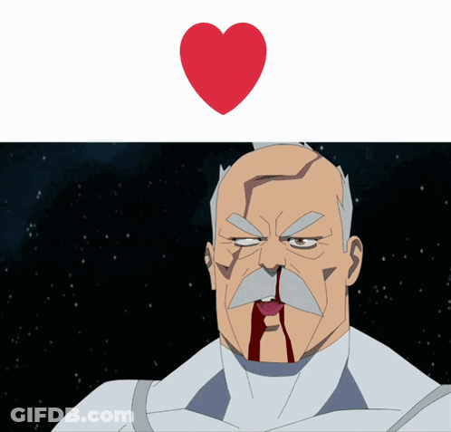 A Cartoon Of A Man With Blood Coming Out Of His Nose And A Heart Above Him GIF