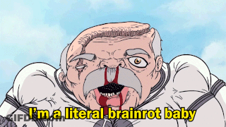A Cartoon Of A Man With Blood Coming Out Of His Nose And The Words I 'M A Literal Brainrot Baby Below Him GIF