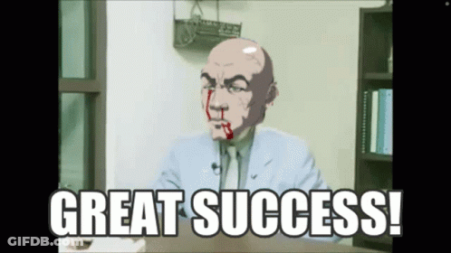 A Cartoon Of A Man With Blood On His Face And The Words Great Success GIF
