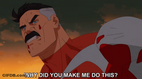 A Cartoon Of A Man With Blood On His Face And The Words " Why Did You Make Me Do This " Below Him GIF