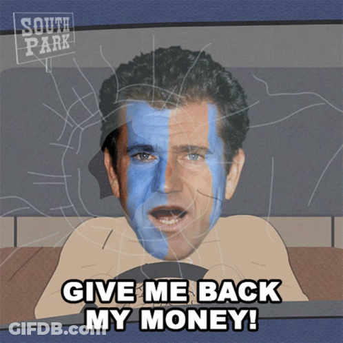 A Cartoon Of A Man With Blue And White Paint On His Face And The Words Give Me Back My Money GIF