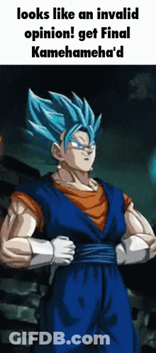 A Cartoon Of A Man With Blue Hair And The Words Looks Like An Invalid Opinion Get Final Kameha 'D GIF