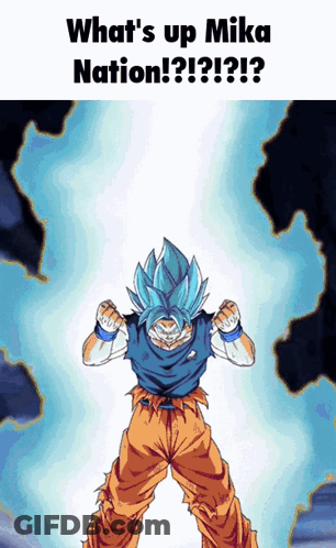 A Cartoon Of A Man With Blue Hair And The Words " What 'S Up Mika Nation " GIF