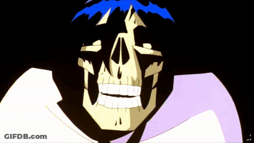 A Cartoon Of A Man With Blue Hair Making A Face GIF