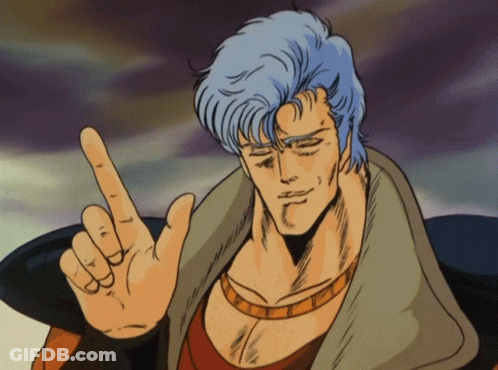 A Cartoon Of A Man With Blue Hair Pointing Up GIF