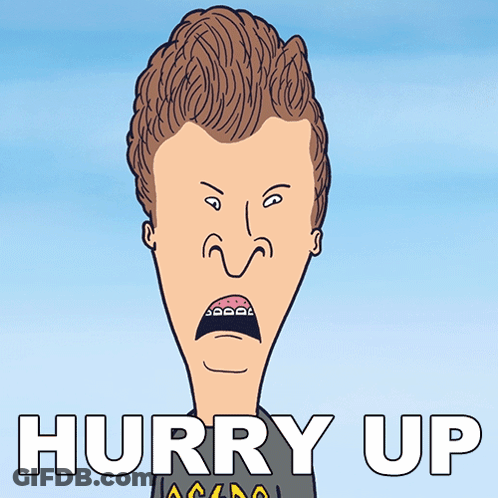 A Cartoon Of A Man With Braces On His Teeth And The Words Hurry Up Below Him GIF