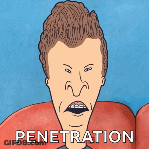 A Cartoon Of A Man With Braces On His Teeth With The Word Penetration Below Him GIF