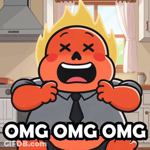 A Cartoon Of A Man With Flames On His Head And The Words Omg Omg Omg On The Bottom GIF